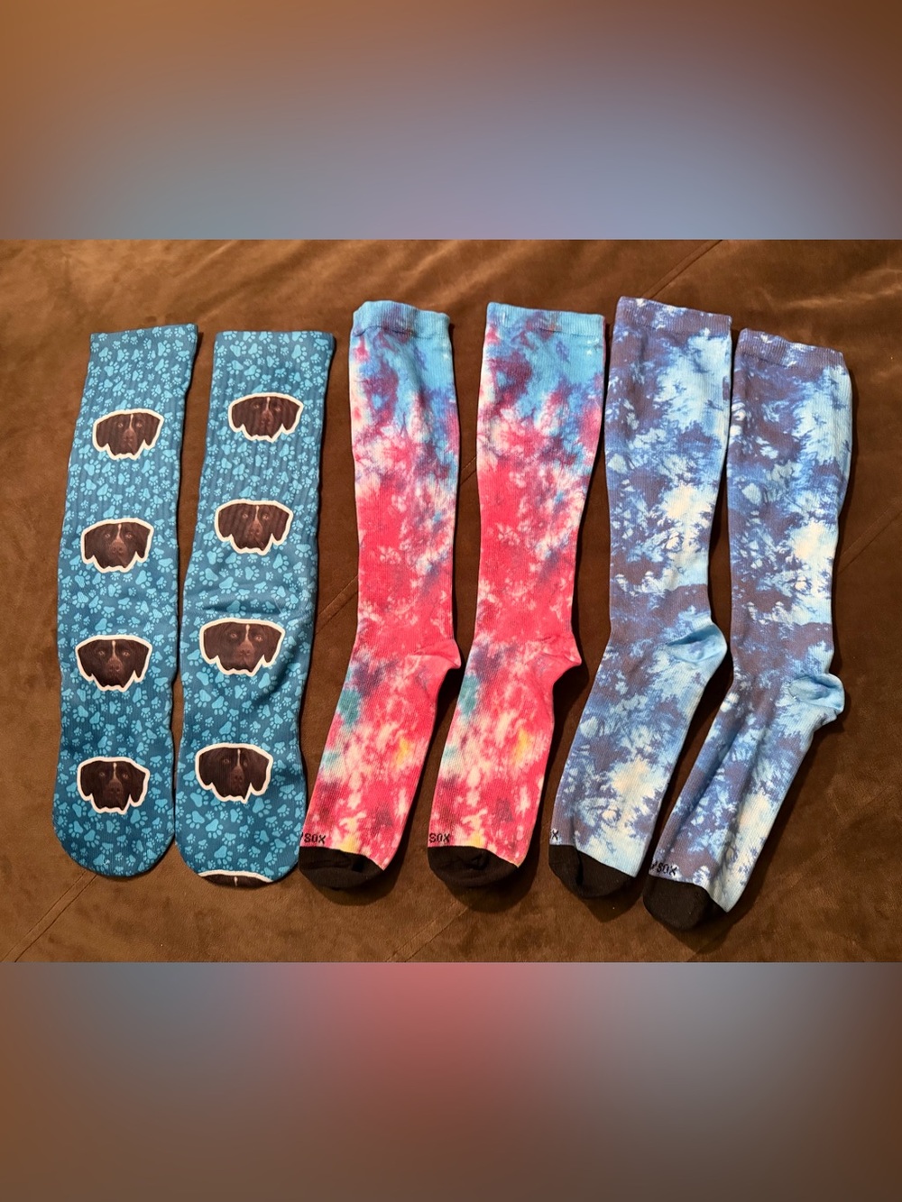 Womens Knee-High Socks - Teal w/ chocolate lab Teal & Pink, Blue, Purple tie dye
